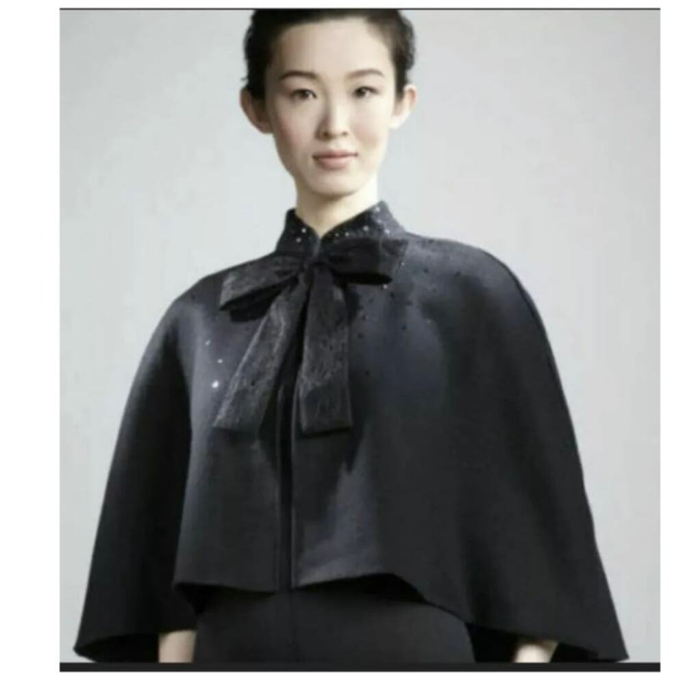 New Prabal Gurung black lace bow sequined wool blend cape one size
